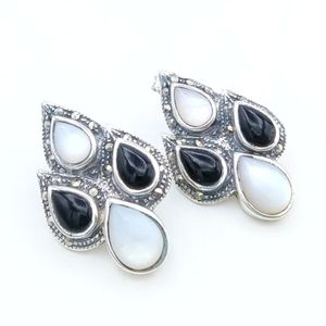 Vintage Sterling Silver ART DECO Onyx + Mother of Pearl + Marcasite Earrings